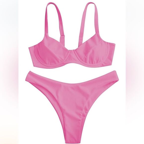 ZAFUL Underwire High Leg Ribbed Bikini Swimsuit Two Pieces Set M NWT - Picture 1 of 6